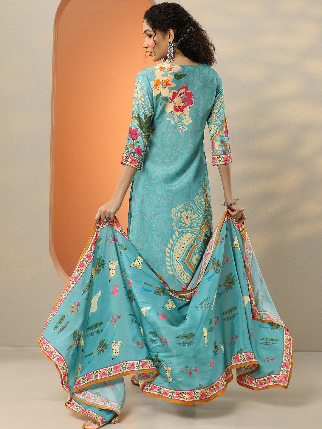 Turquoise Printed Muslin Straight Suit With Dupatta