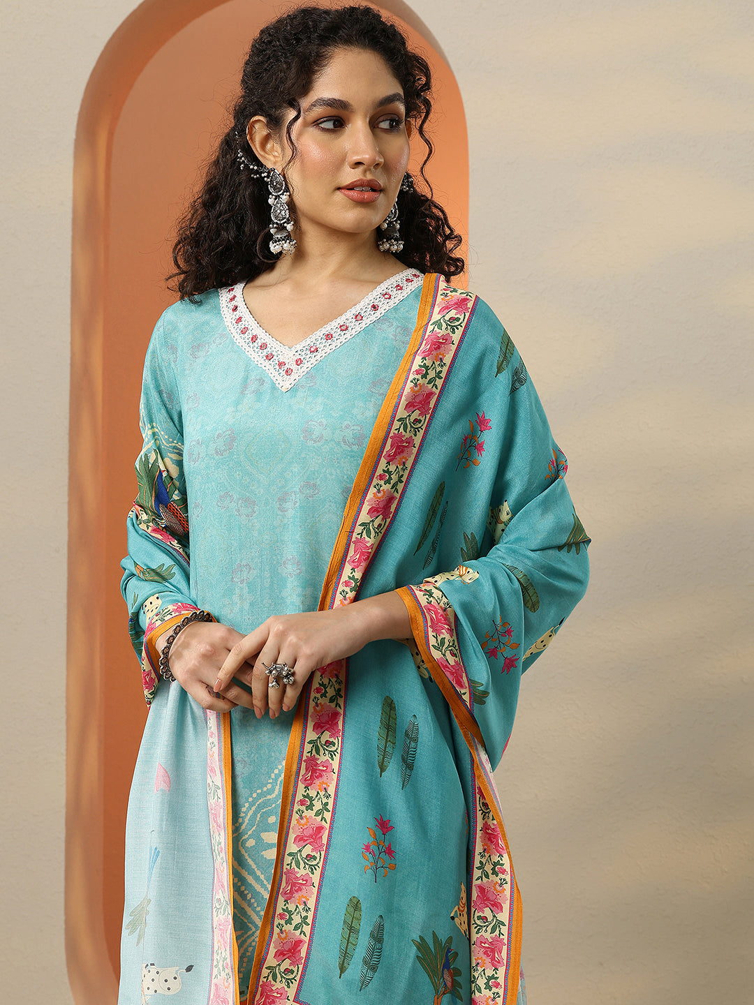 Turquoise Printed Muslin Straight Suit With Dupatta