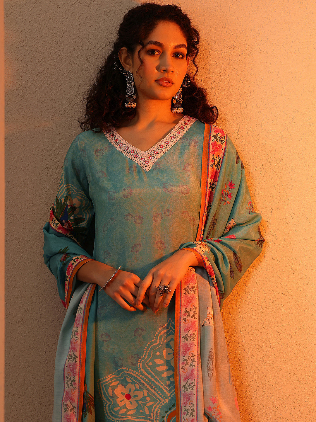 Turquoise Printed Muslin Straight Suit With Dupatta