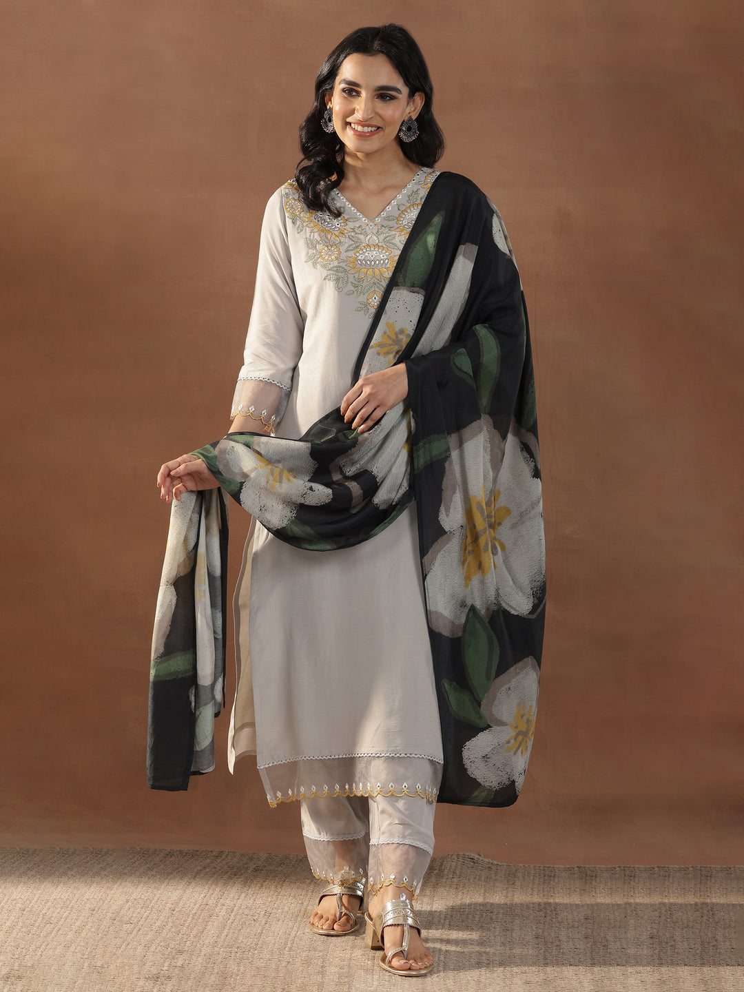 Grey Yoke Design Muslin Straight Suit With Dupatta