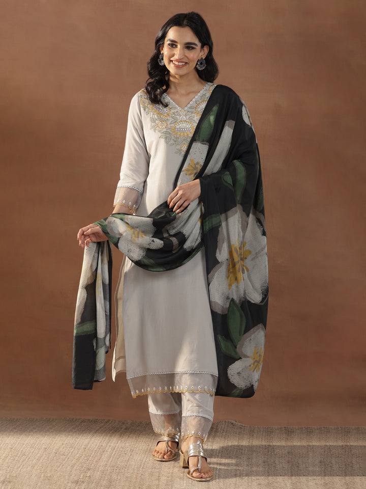 Grey Yoke Design Muslin Straight Suit With Dupatta