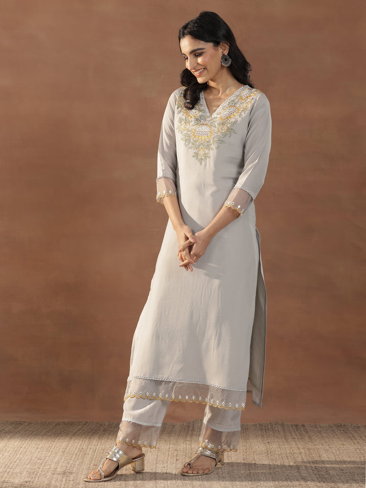 Grey Yoke Design Muslin Straight Suit With Dupatta