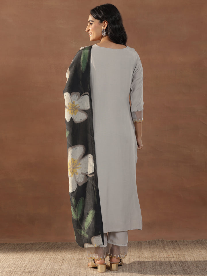 Grey Yoke Design Muslin Straight Suit With Dupatta