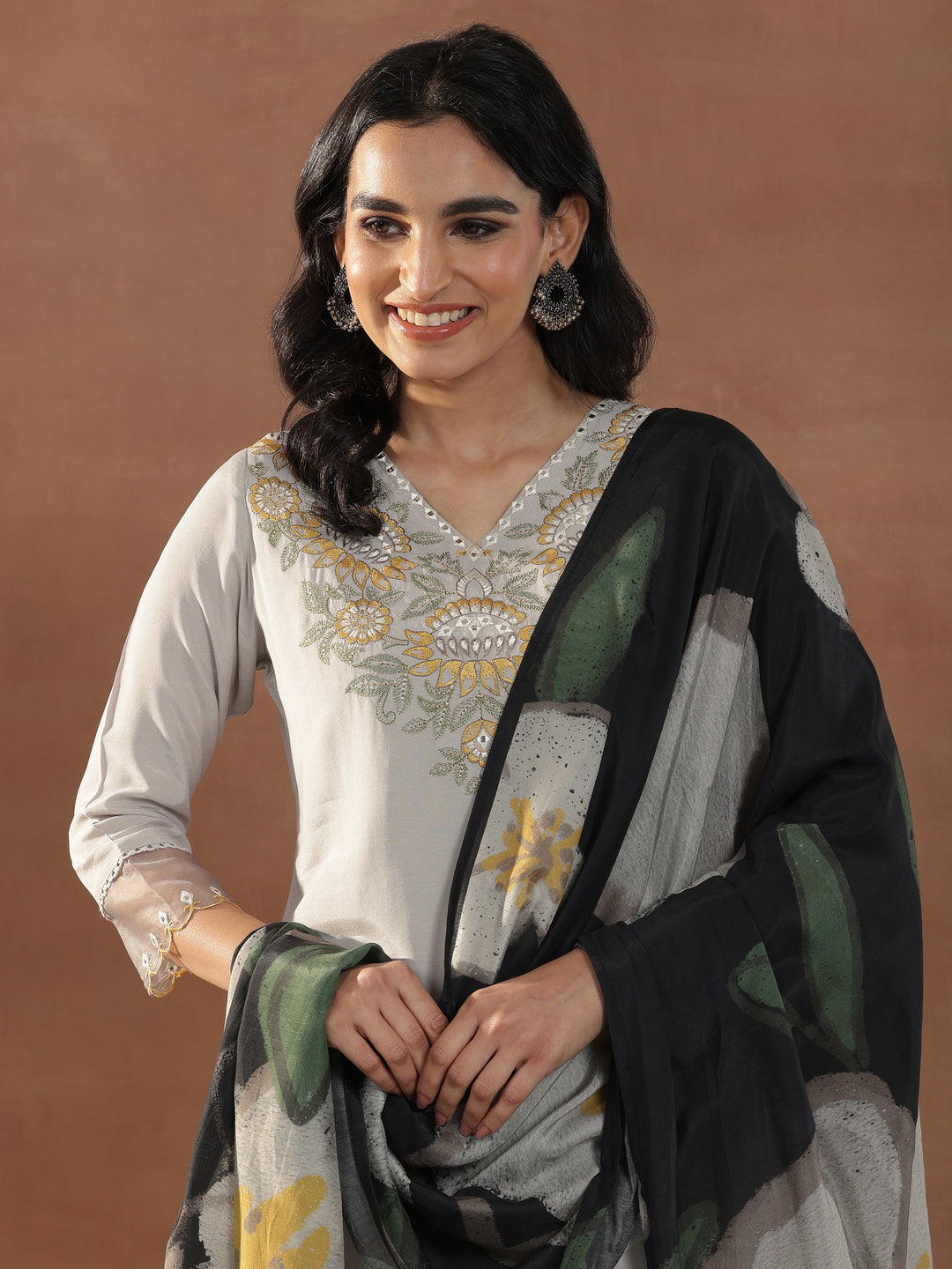 Grey Yoke Design Muslin Straight Suit With Dupatta