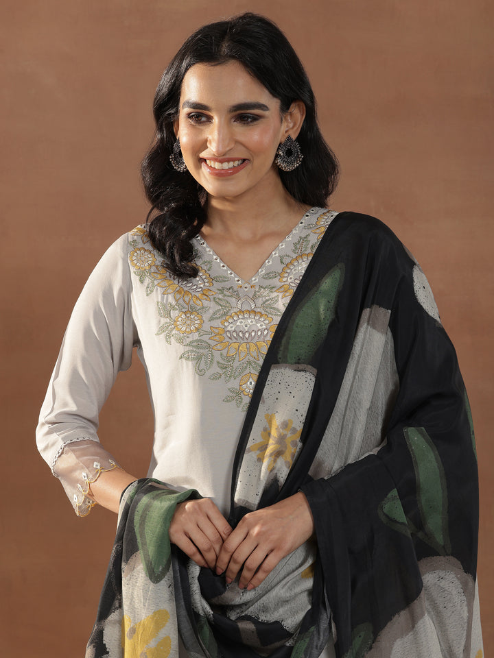 Grey Yoke Design Muslin Straight Suit With Dupatta