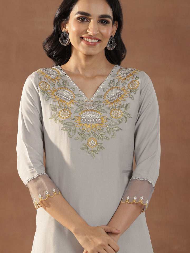 Grey Yoke Design Muslin Straight Suit With Dupatta