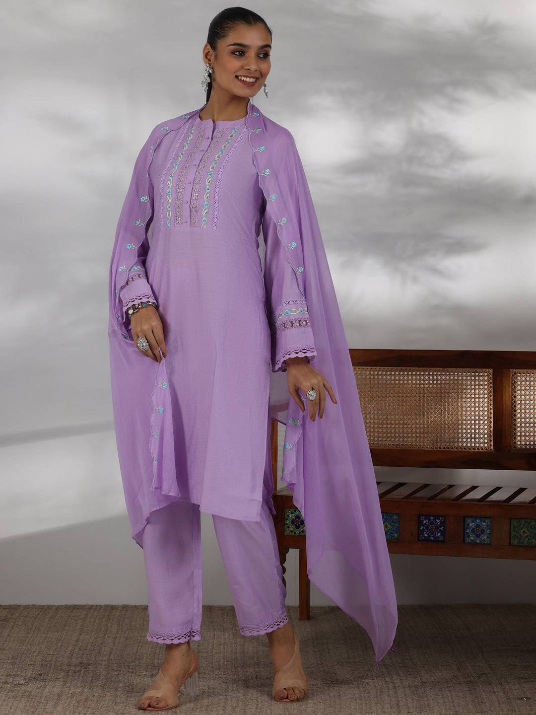 Lavender Yoke Design Silk Blend Straight Suit With Dupatta