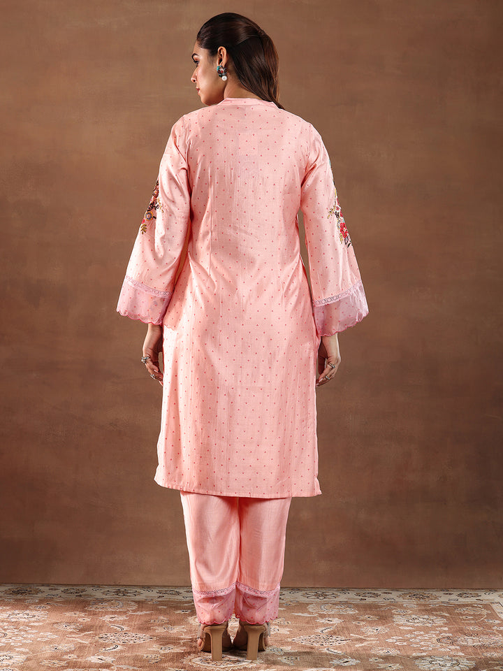Pink Printed Silk Blend Straight Kurta Set