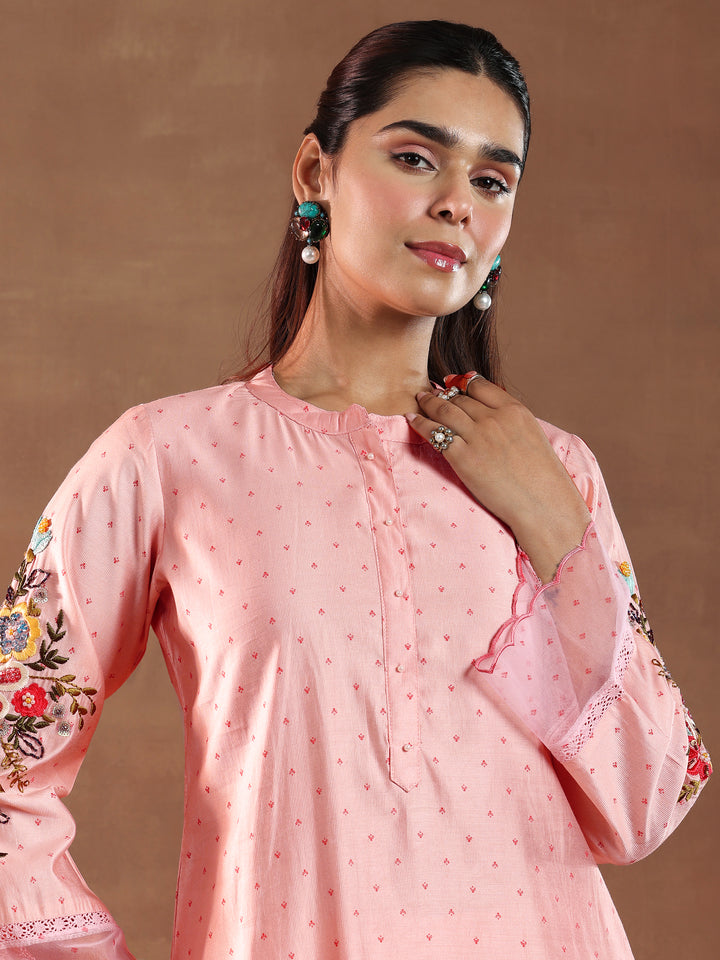 Pink Printed Silk Blend Straight Kurta Set