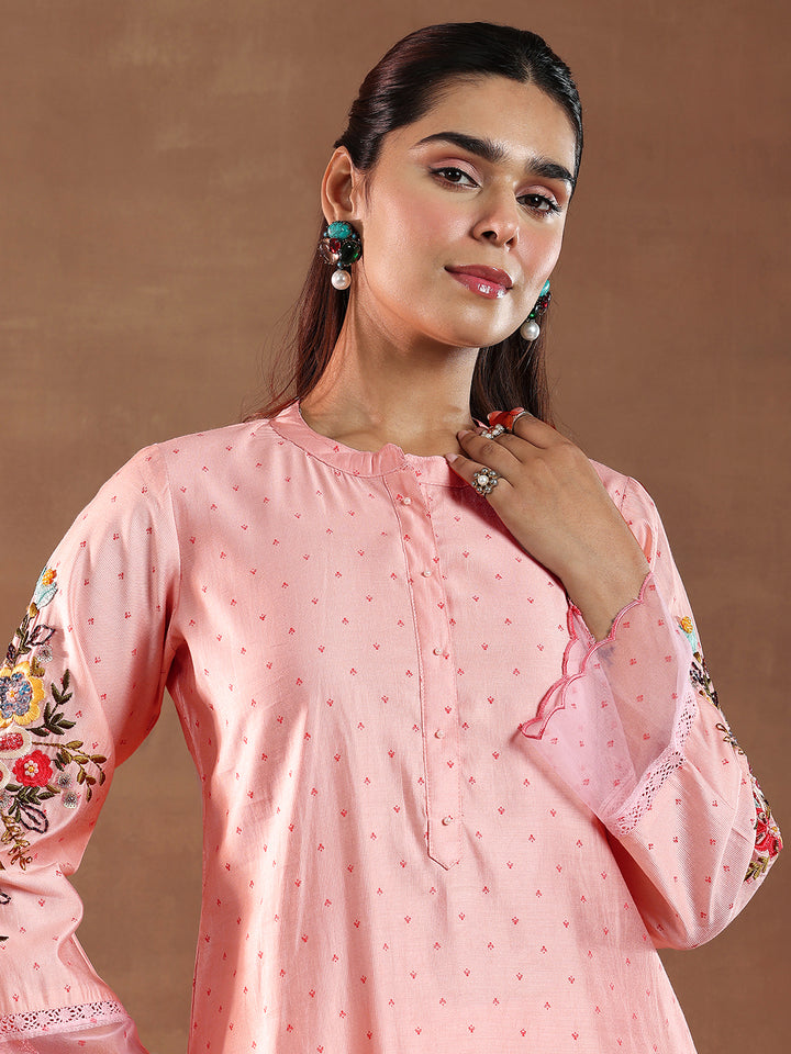 Pink Printed Silk Blend Straight Kurta Set