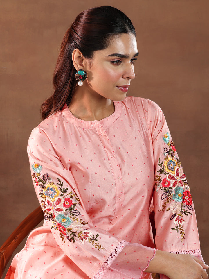 Pink Printed Silk Blend Straight Kurta Set