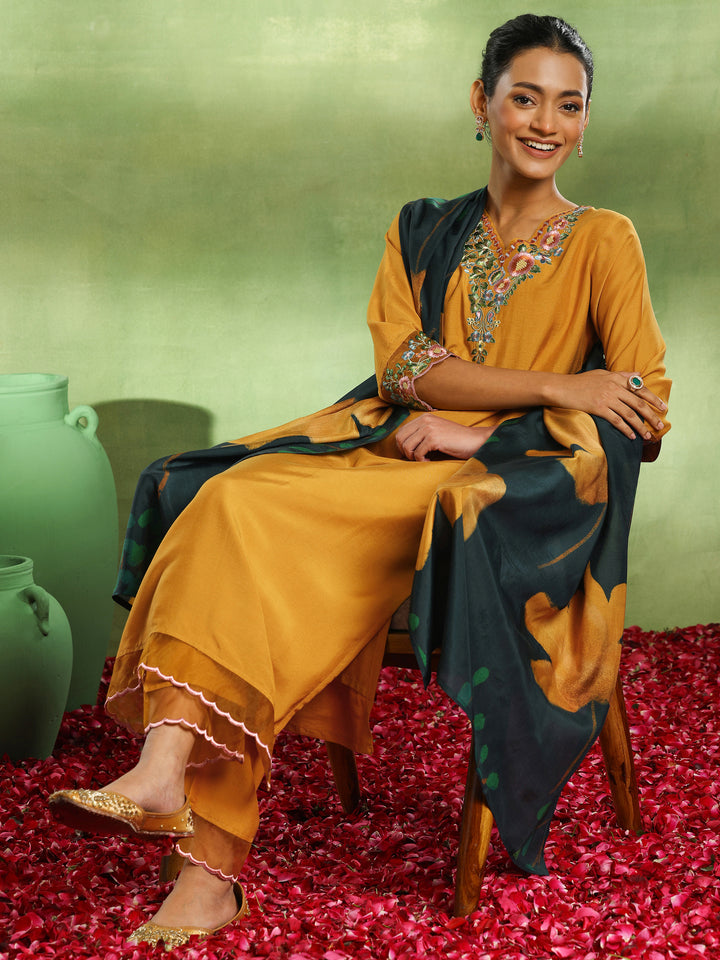 Mustard Yoke Design Muslin Straight Suit With Dupatta