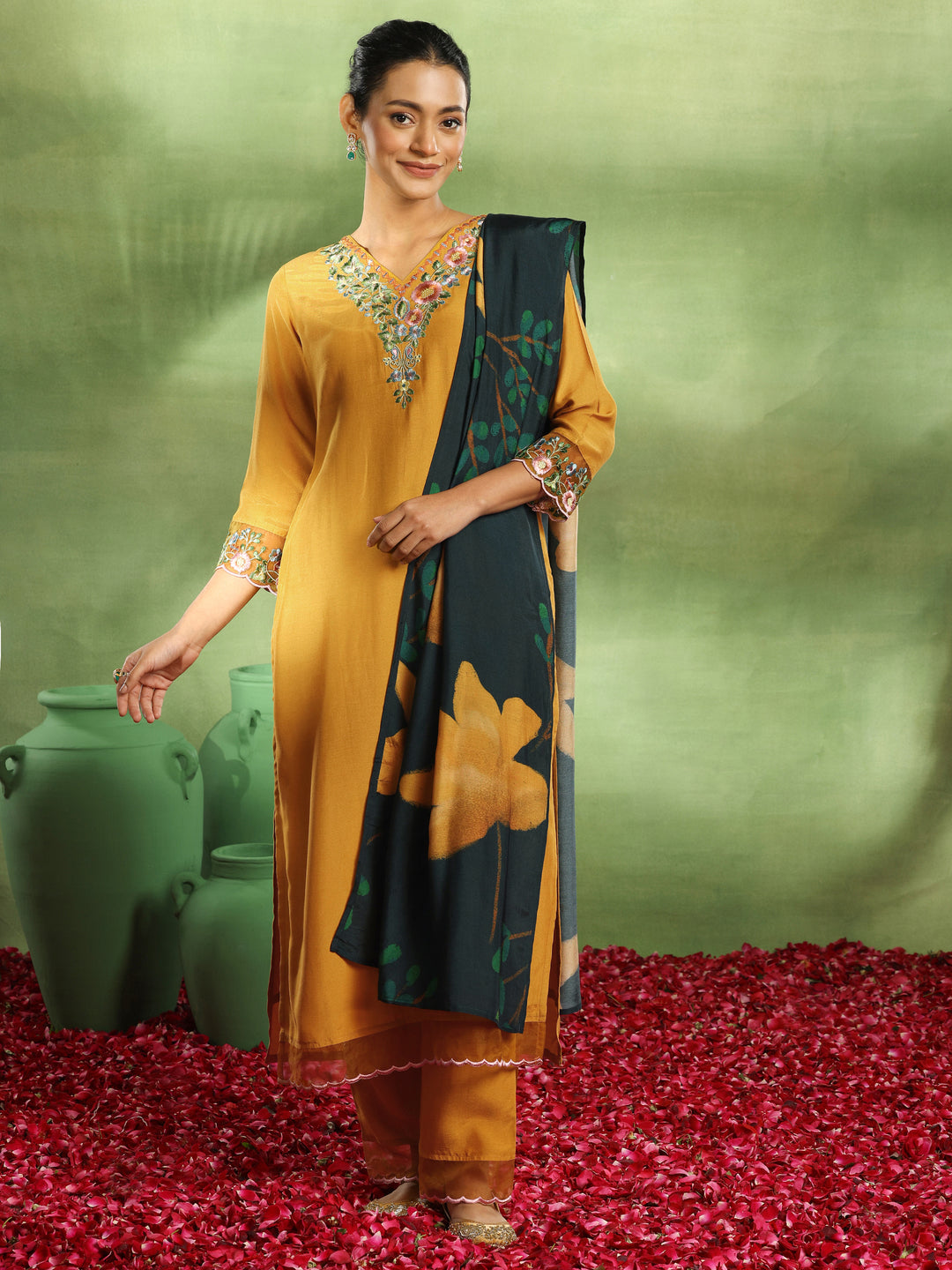 Mustard Yoke Design Muslin Straight Suit With Dupatta