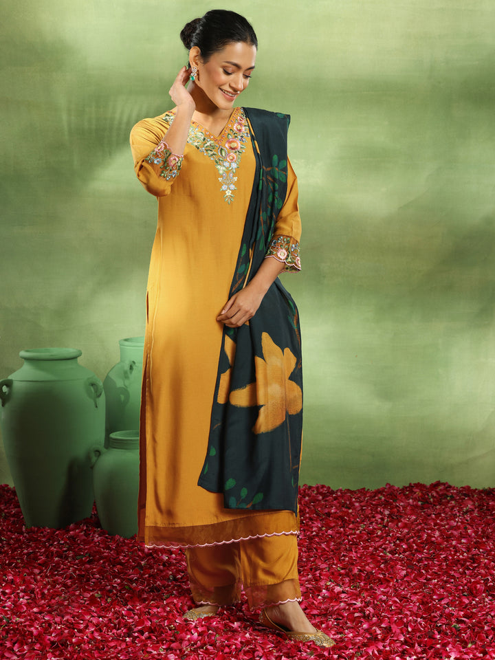Mustard Yoke Design Muslin Straight Suit With Dupatta