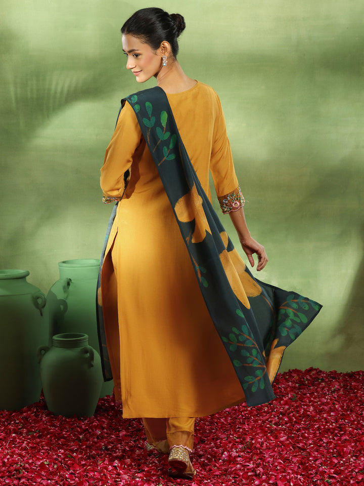 Mustard Yoke Design Muslin Straight Suit With Dupatta