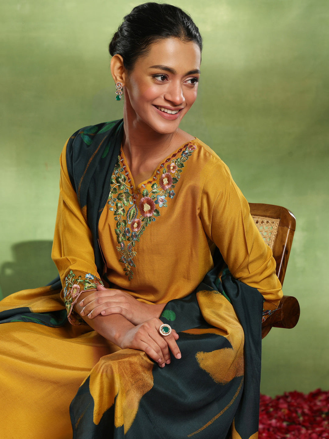 Mustard Yoke Design Muslin Straight Suit With Dupatta