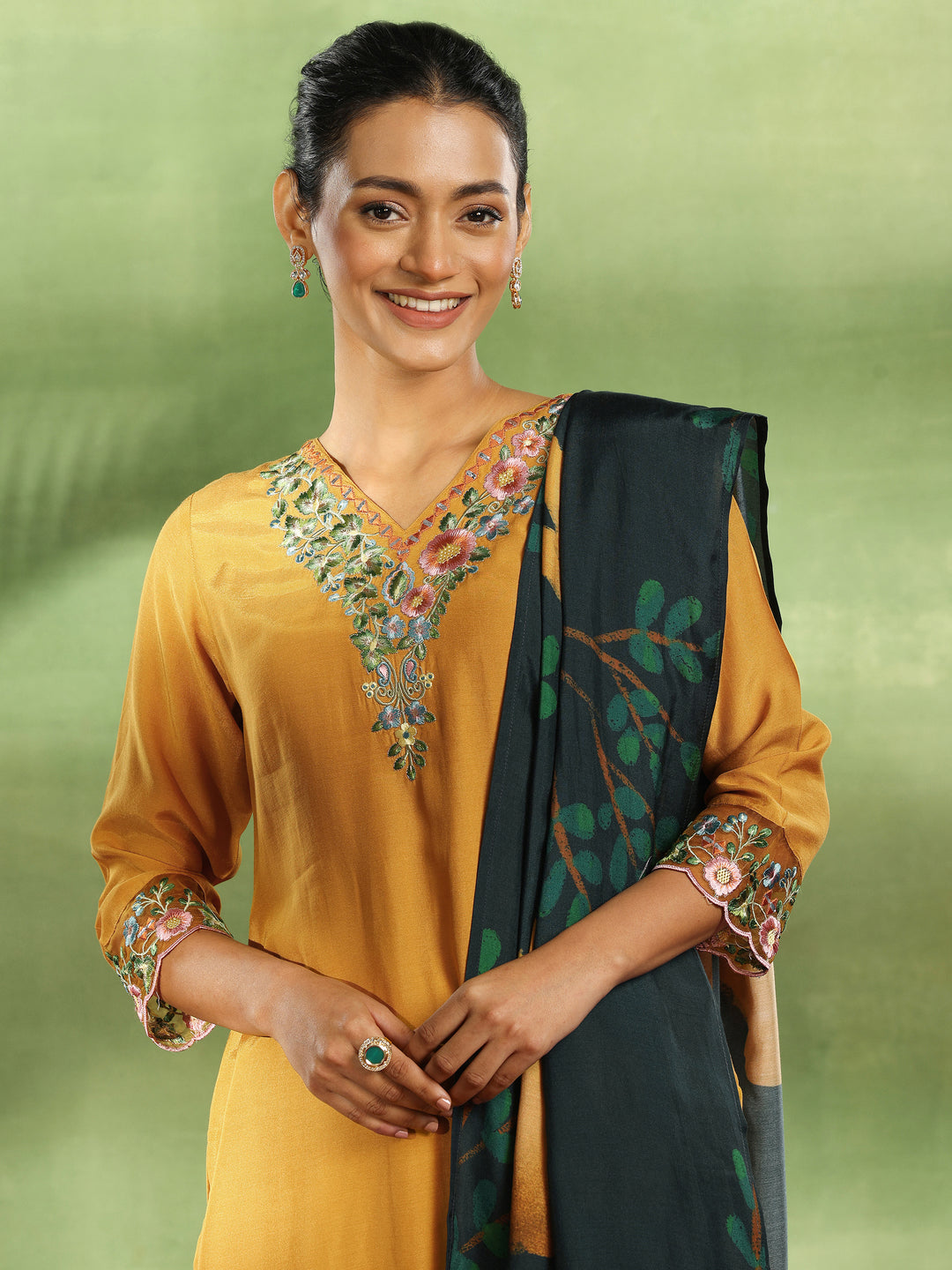 Mustard Yoke Design Muslin Straight Suit With Dupatta