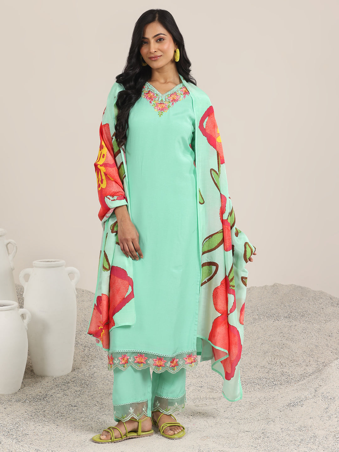 Sea Green Yoke Design Muslin Straight Suit With Dupatta