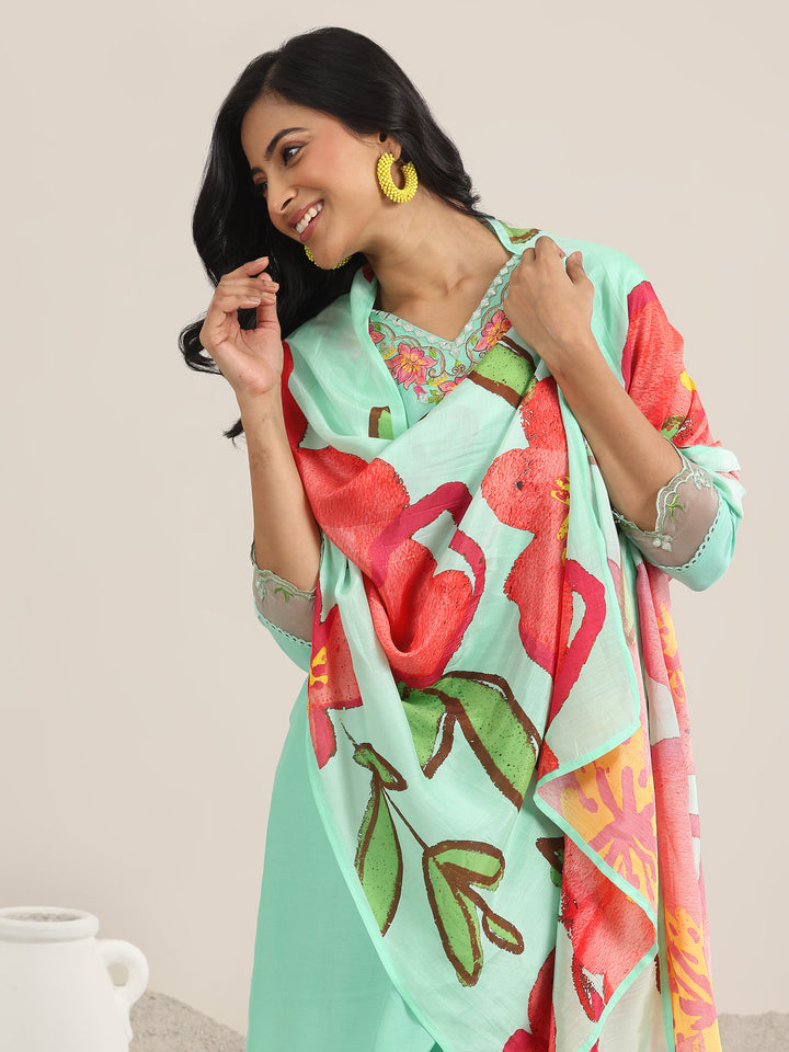 Sea Green Yoke Design Muslin Straight Suit With Dupatta