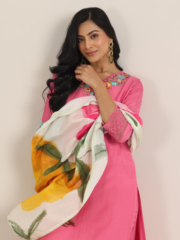 Pink Yoke Design Muslin Straight Suit With Dupatta