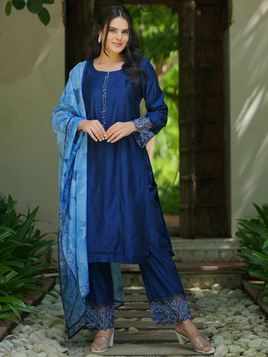 Plus Size Burgundy Yoke Design Silk Blend Straight Suit Set With Dupatta