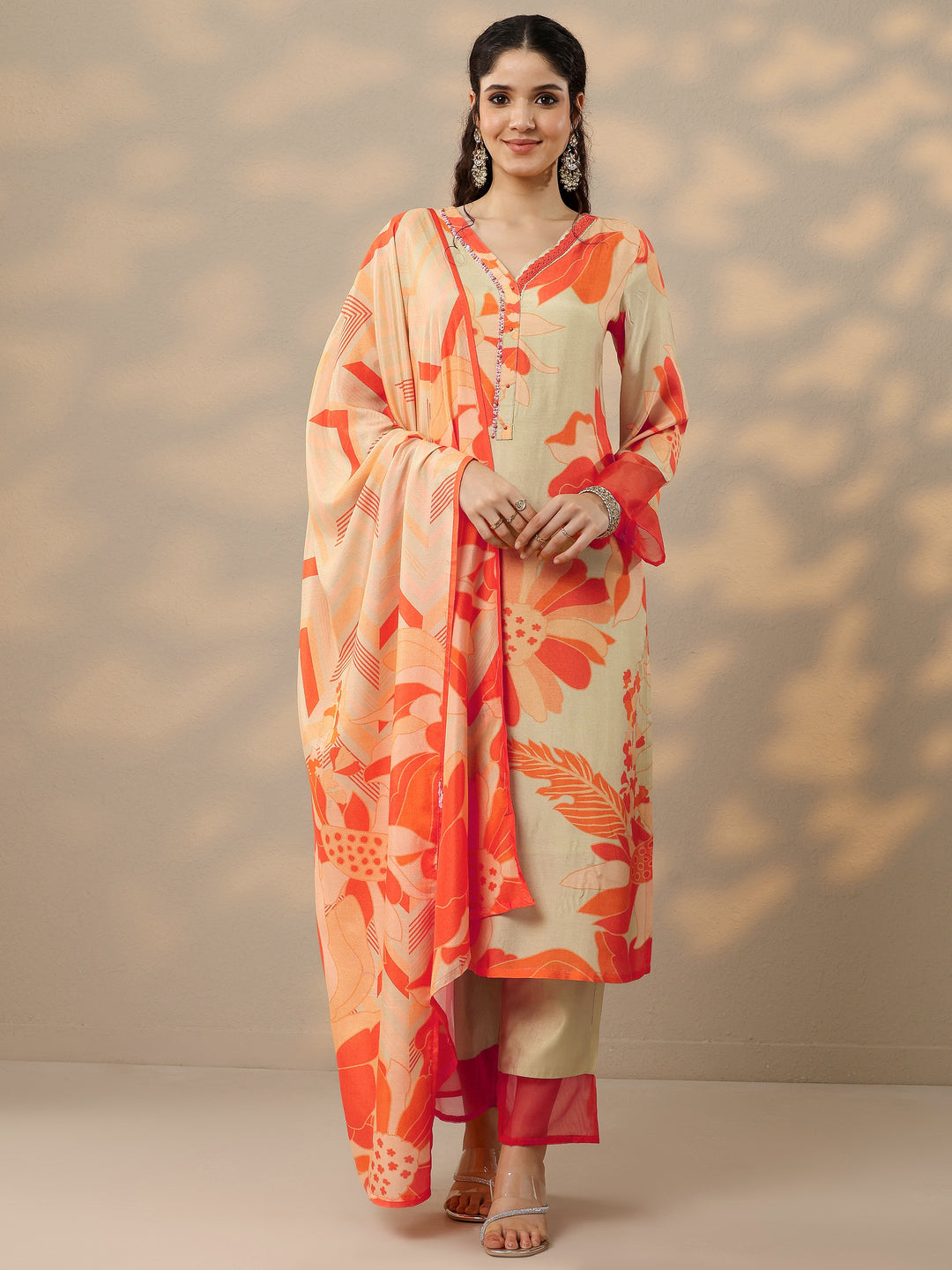 Grey Printed Cotton Blend Straight Suit With Dupatta