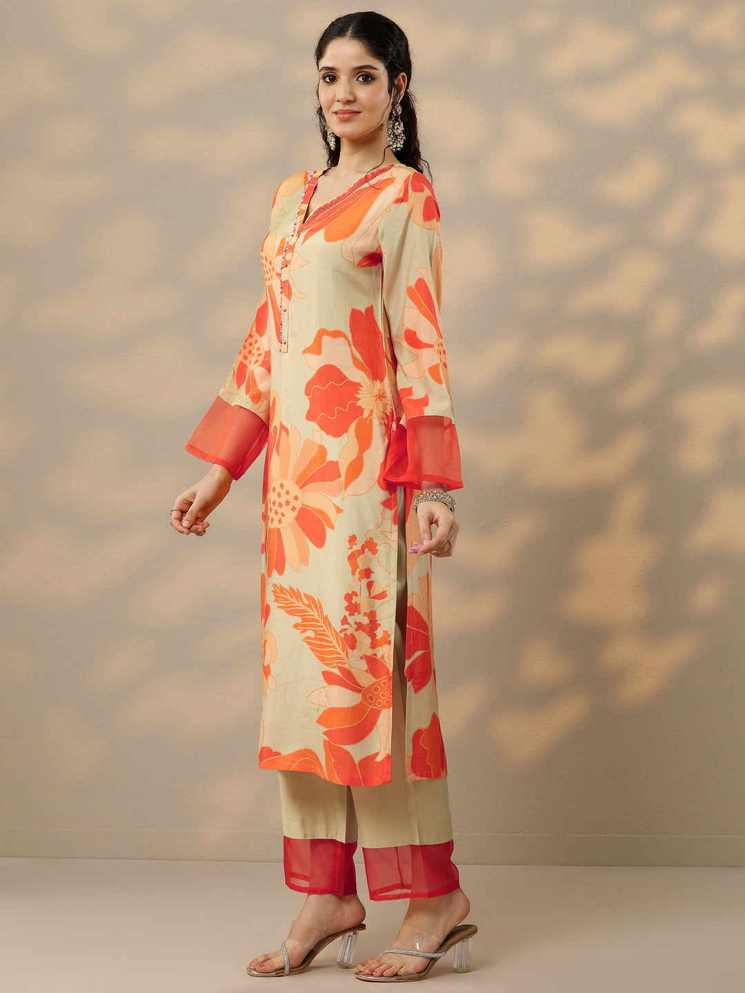 Grey Printed Cotton Blend Straight Suit With Dupatta