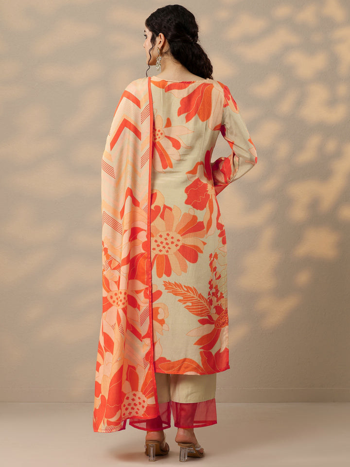 Grey Printed Cotton Blend Straight Suit With Dupatta