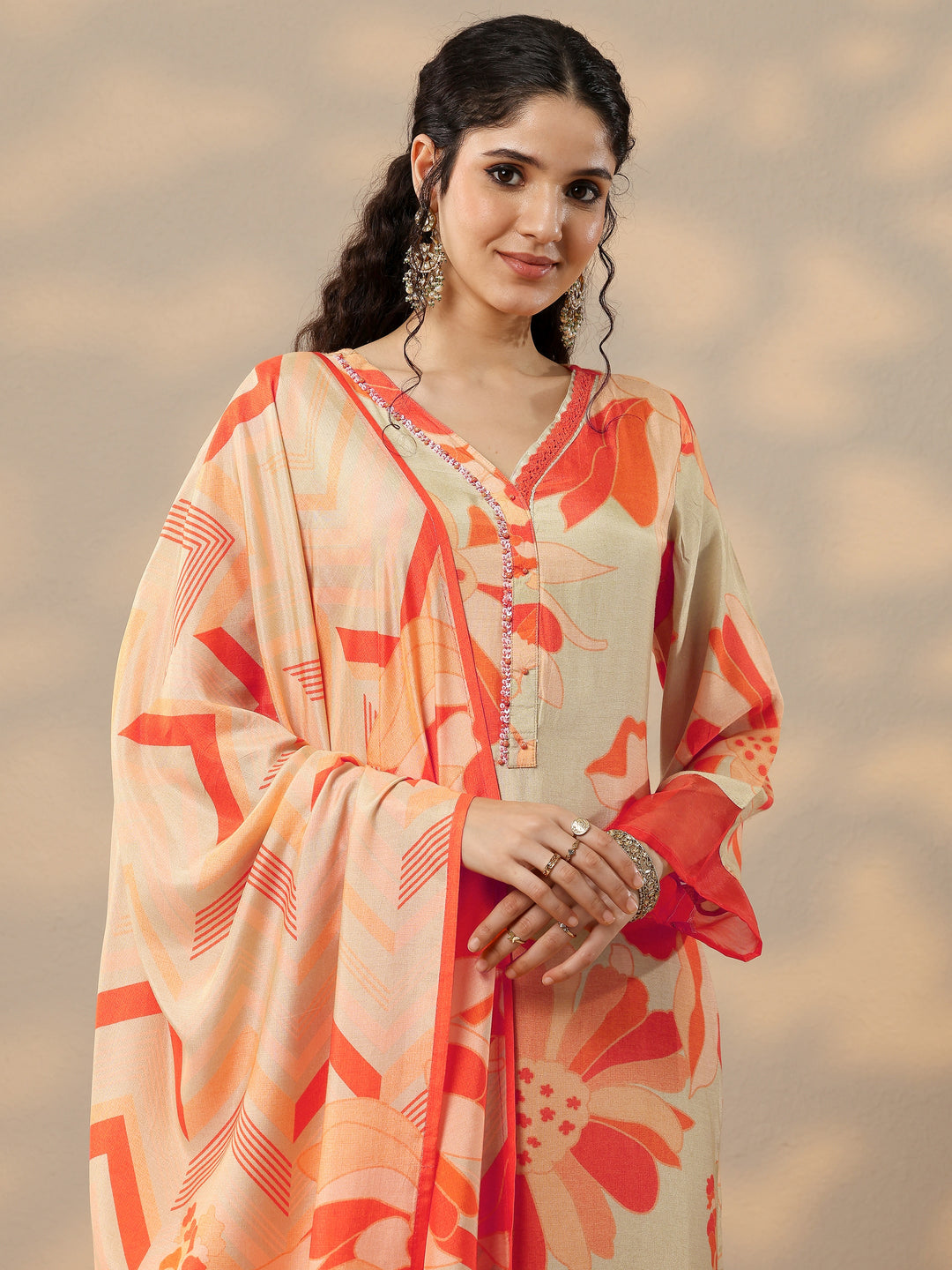 Grey Printed Cotton Blend Straight Suit With Dupatta