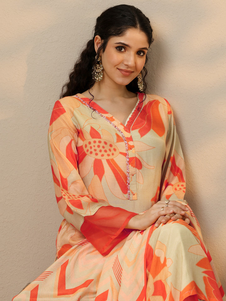 Grey Printed Cotton Blend Straight Suit With Dupatta