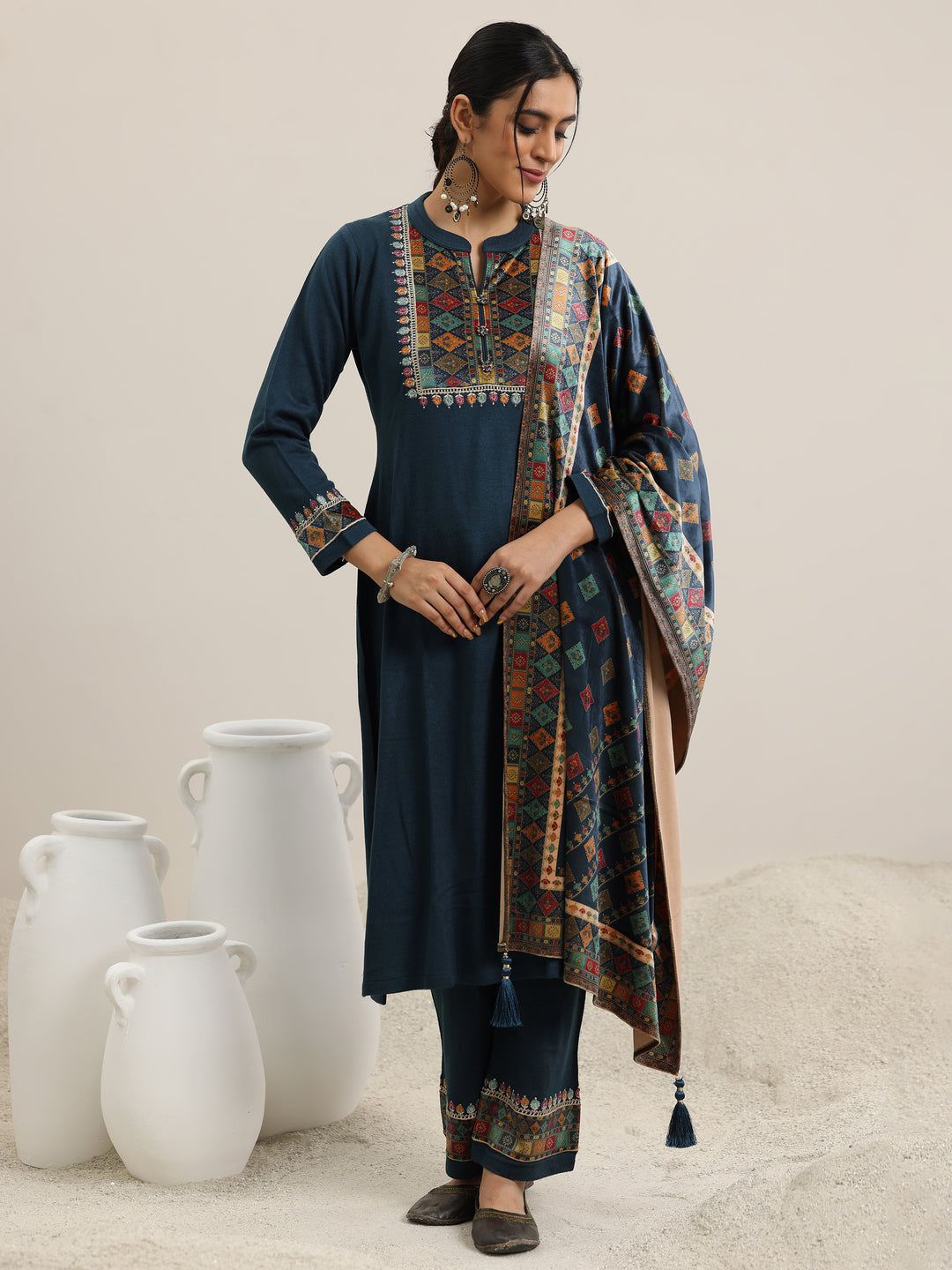 Blue Yoke Design Wool Blend Straight Suit With Dupatta