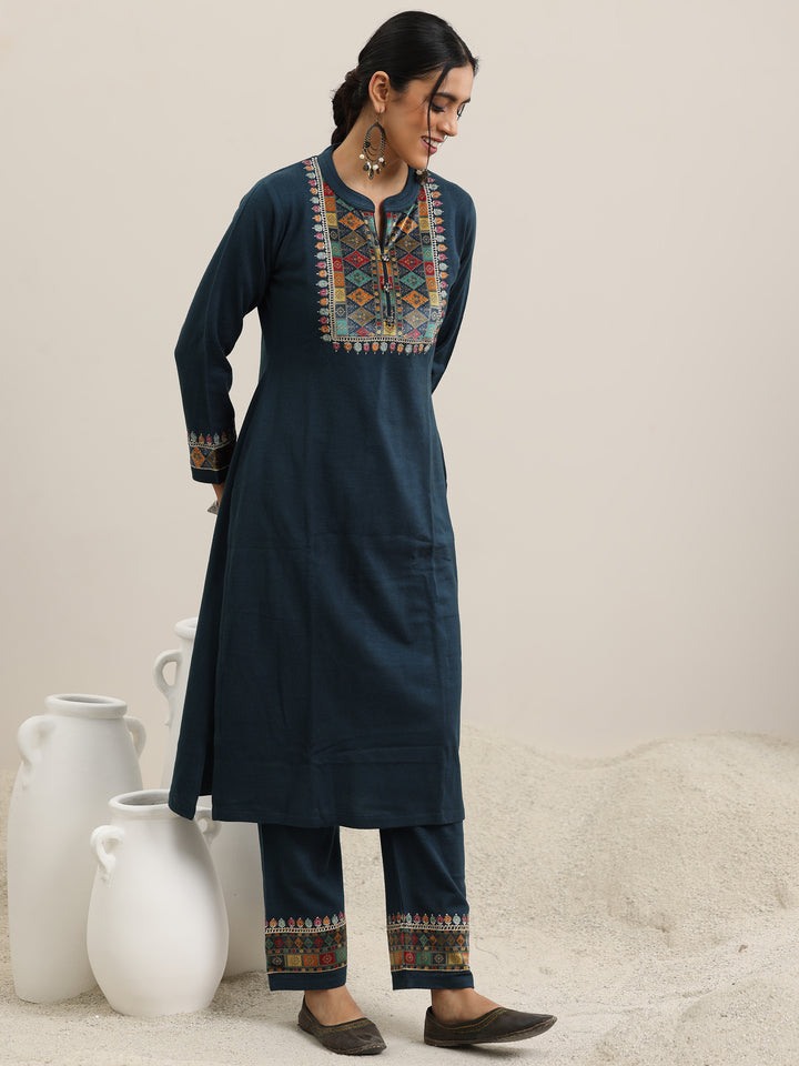 Blue Yoke Design Wool Blend Straight Suit With Dupatta
