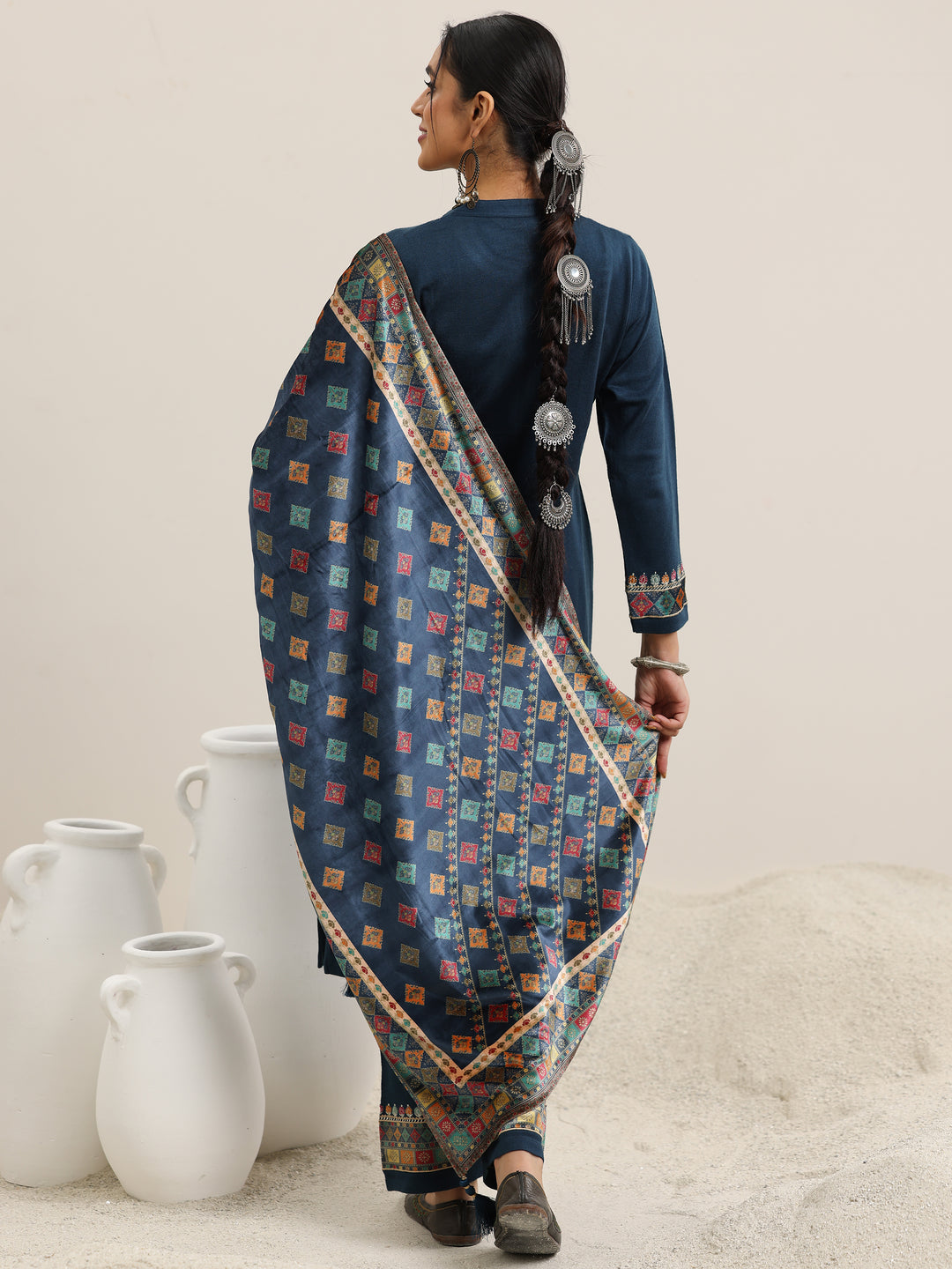 Blue Yoke Design Wool Blend Straight Suit With Dupatta