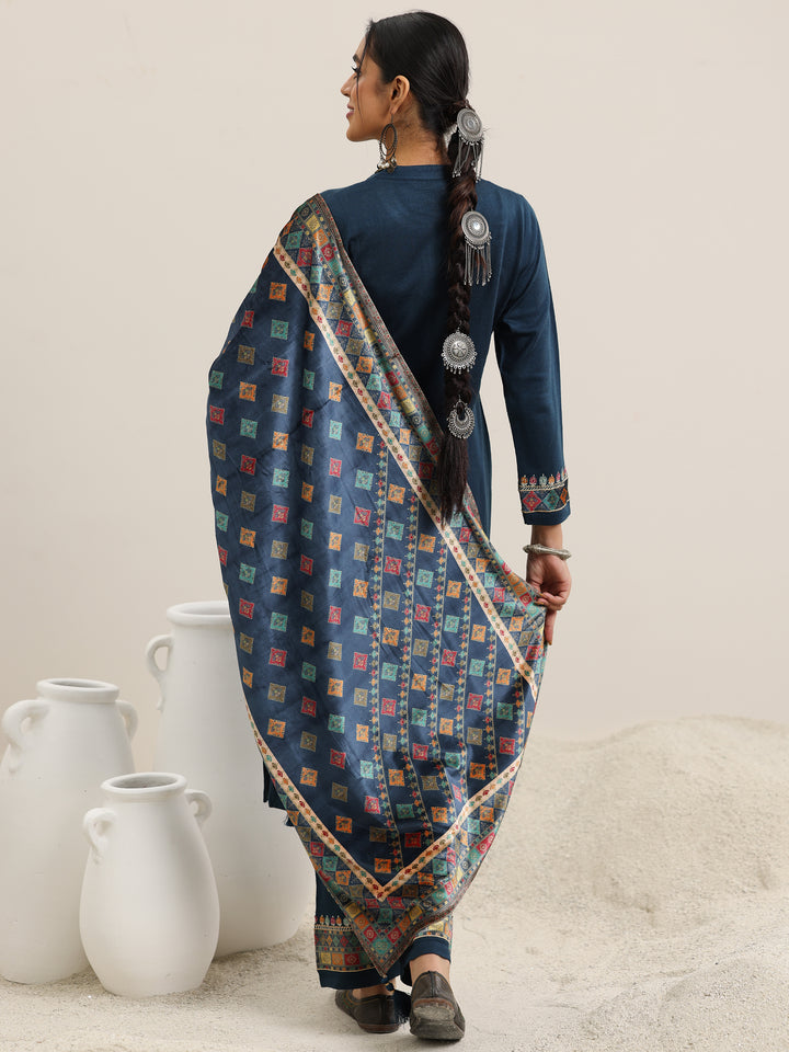 Blue Yoke Design Wool Blend Straight Suit With Dupatta