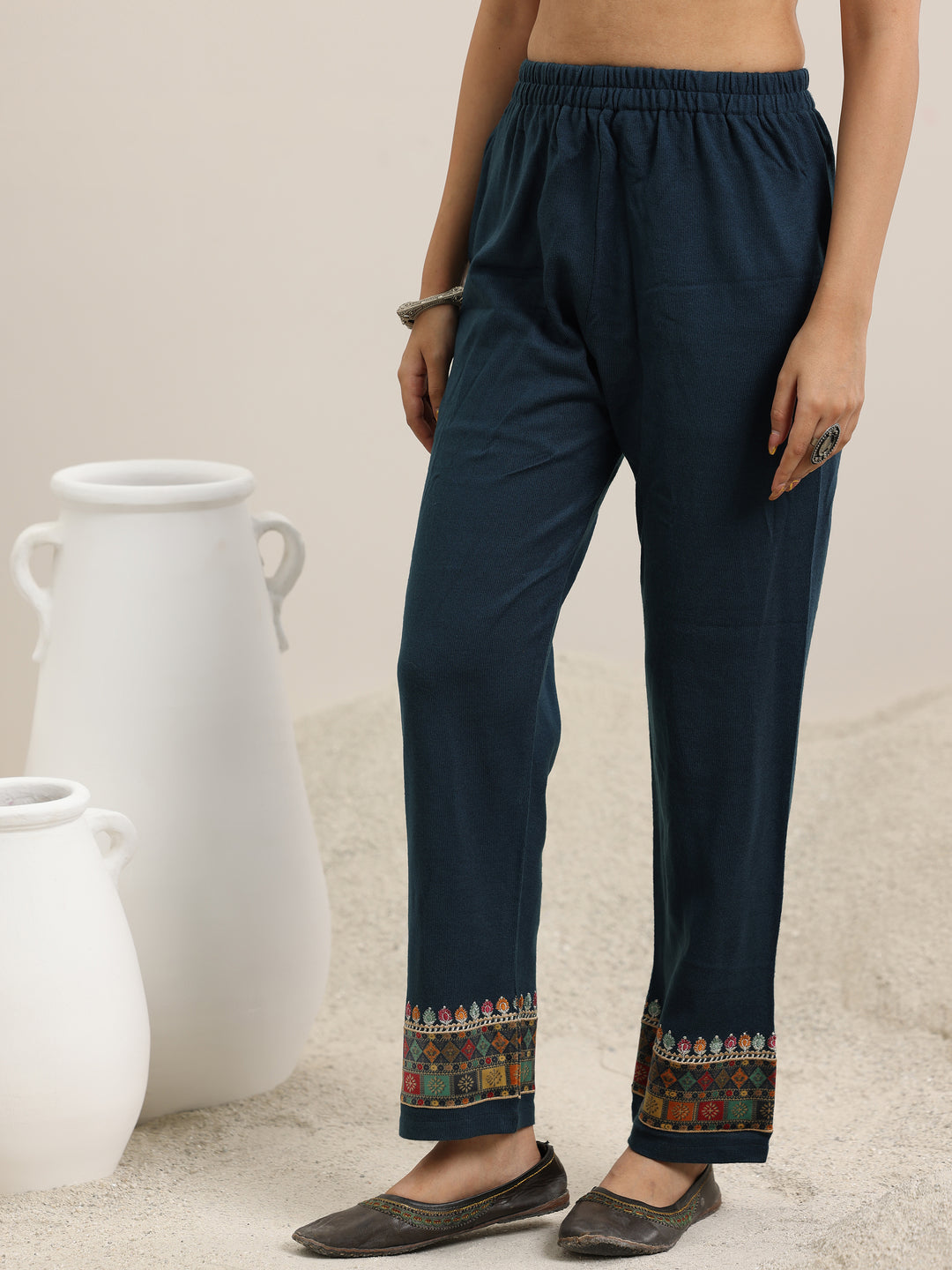 Blue Yoke Design Wool Blend Straight Suit With Dupatta