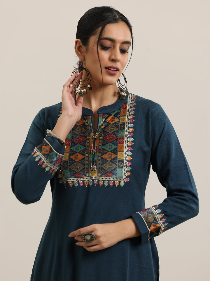 Blue Yoke Design Wool Blend Straight Suit With Dupatta