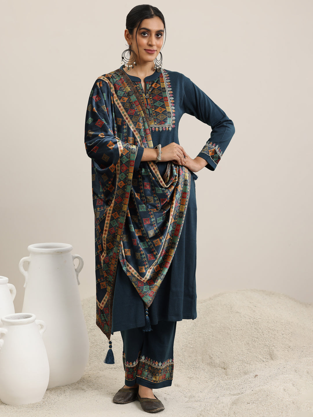 Blue Yoke Design Wool Blend Straight Suit With Dupatta