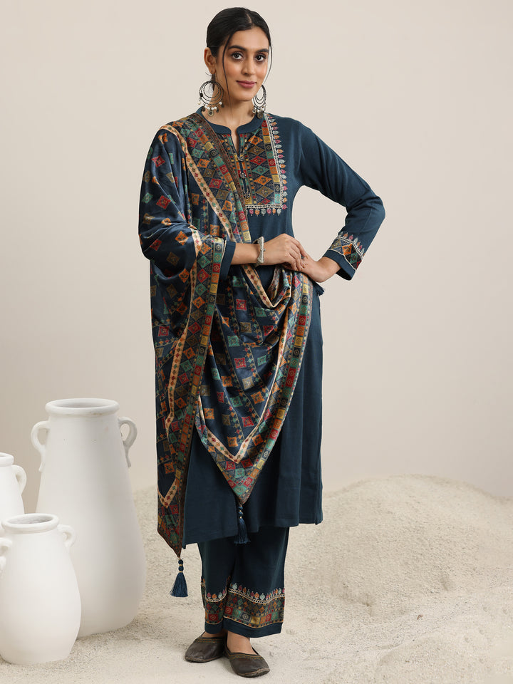 Blue Yoke Design Wool Blend Straight Suit With Dupatta