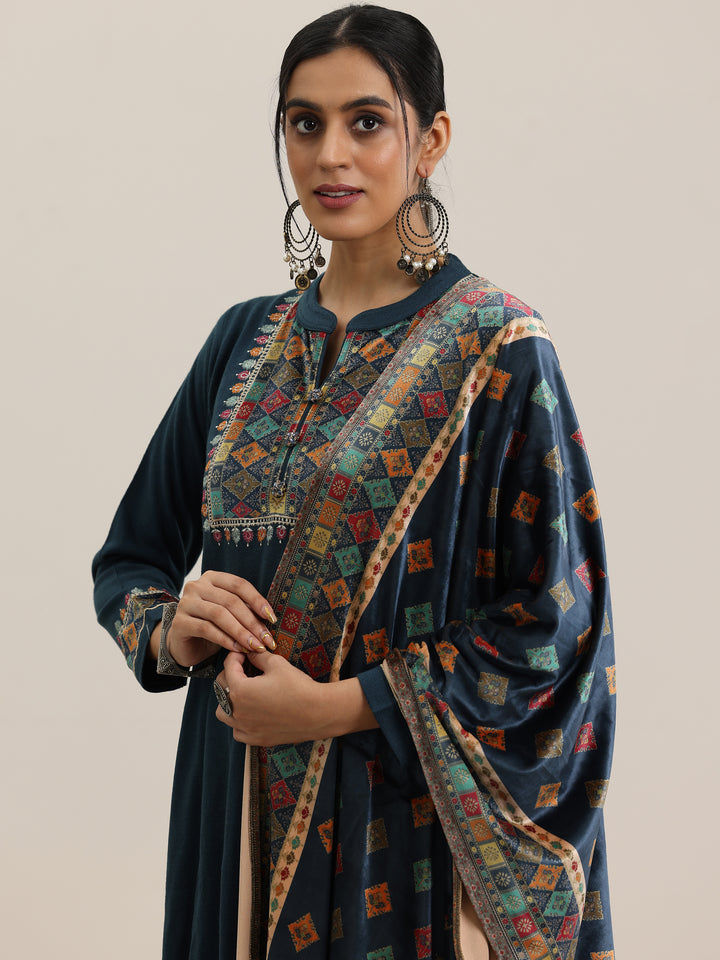 Blue Yoke Design Wool Blend Straight Suit With Dupatta