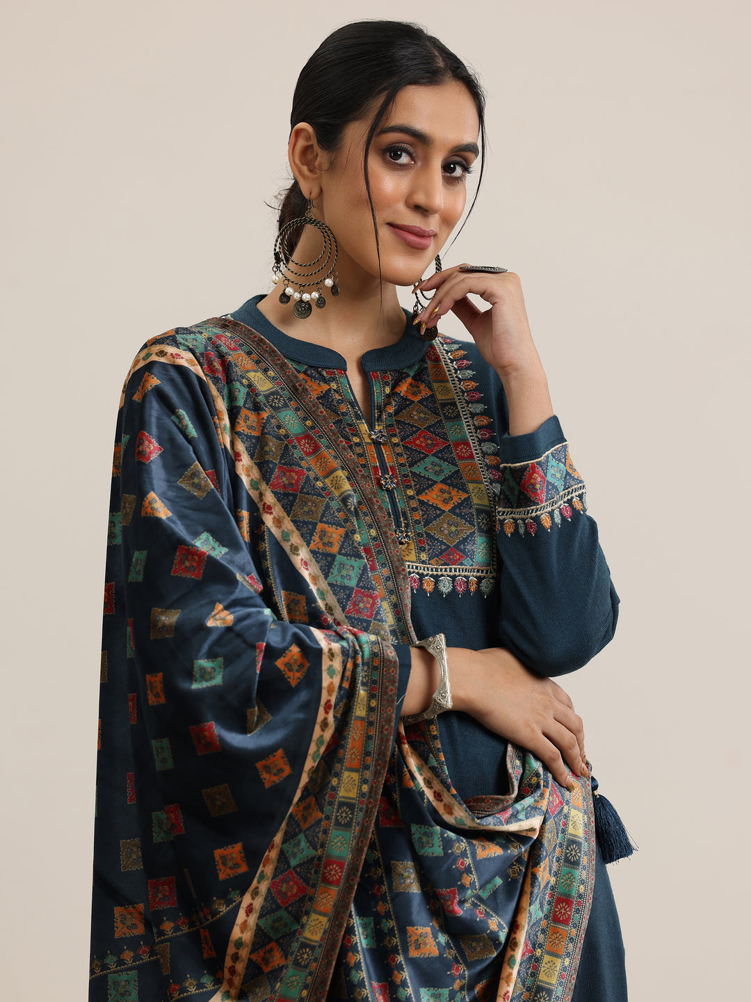 Blue Yoke Design Wool Blend Straight Suit With Dupatta