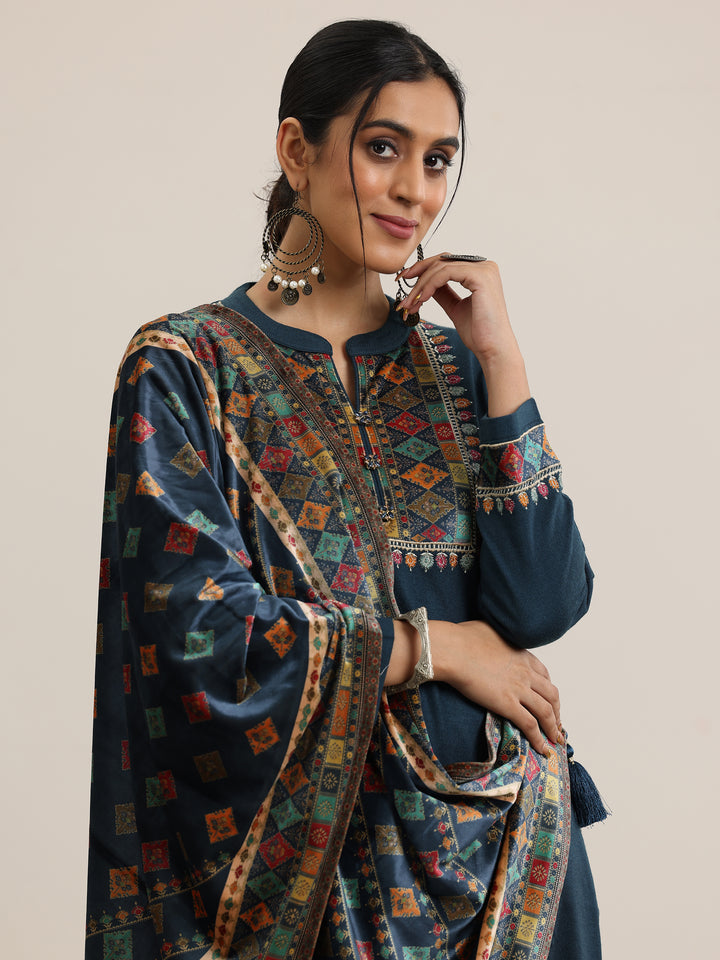 Blue Yoke Design Wool Blend Straight Suit With Dupatta