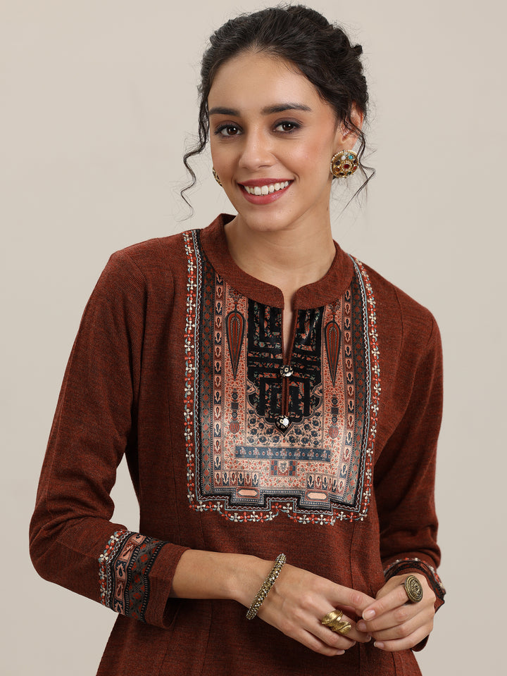 Rust Yoke Design Wool Blend Straight Suit With Dupatta