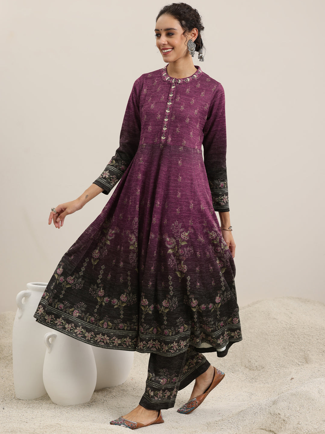 Wine Printed Wool Blend Anarkali Suit With Dupatta