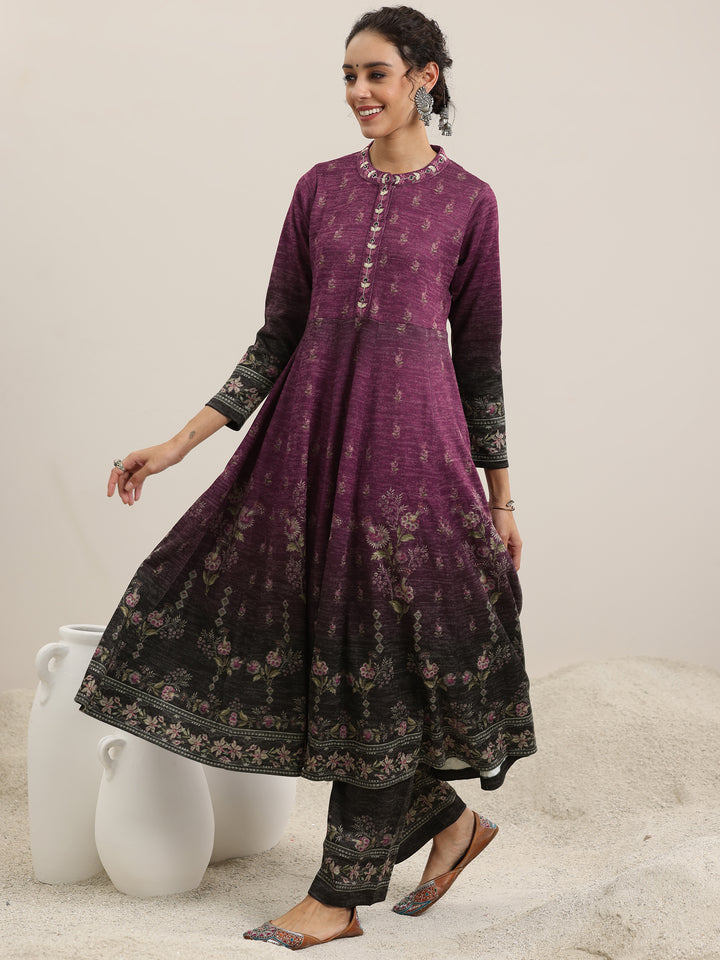 Wine Printed Wool Blend Anarkali Suit With Dupatta