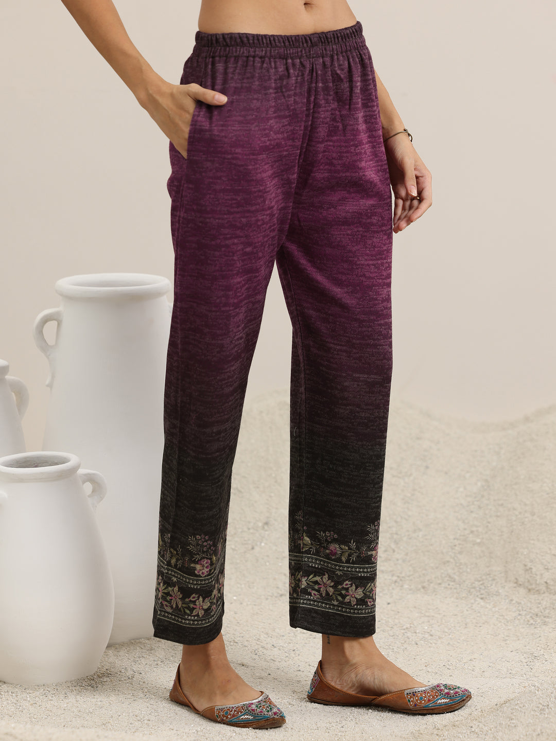 Wine Printed Wool Blend Anarkali Suit With Dupatta