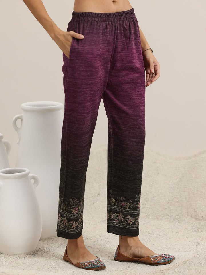 Wine Printed Wool Blend Anarkali Suit With Dupatta