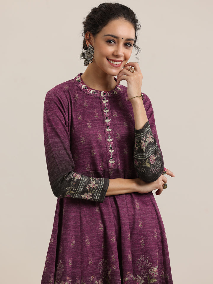 Wine Printed Wool Blend Anarkali Suit With Dupatta