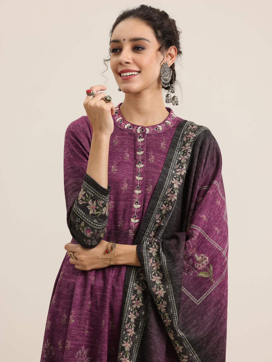 Wine Printed Wool Blend Anarkali Suit With Dupatta