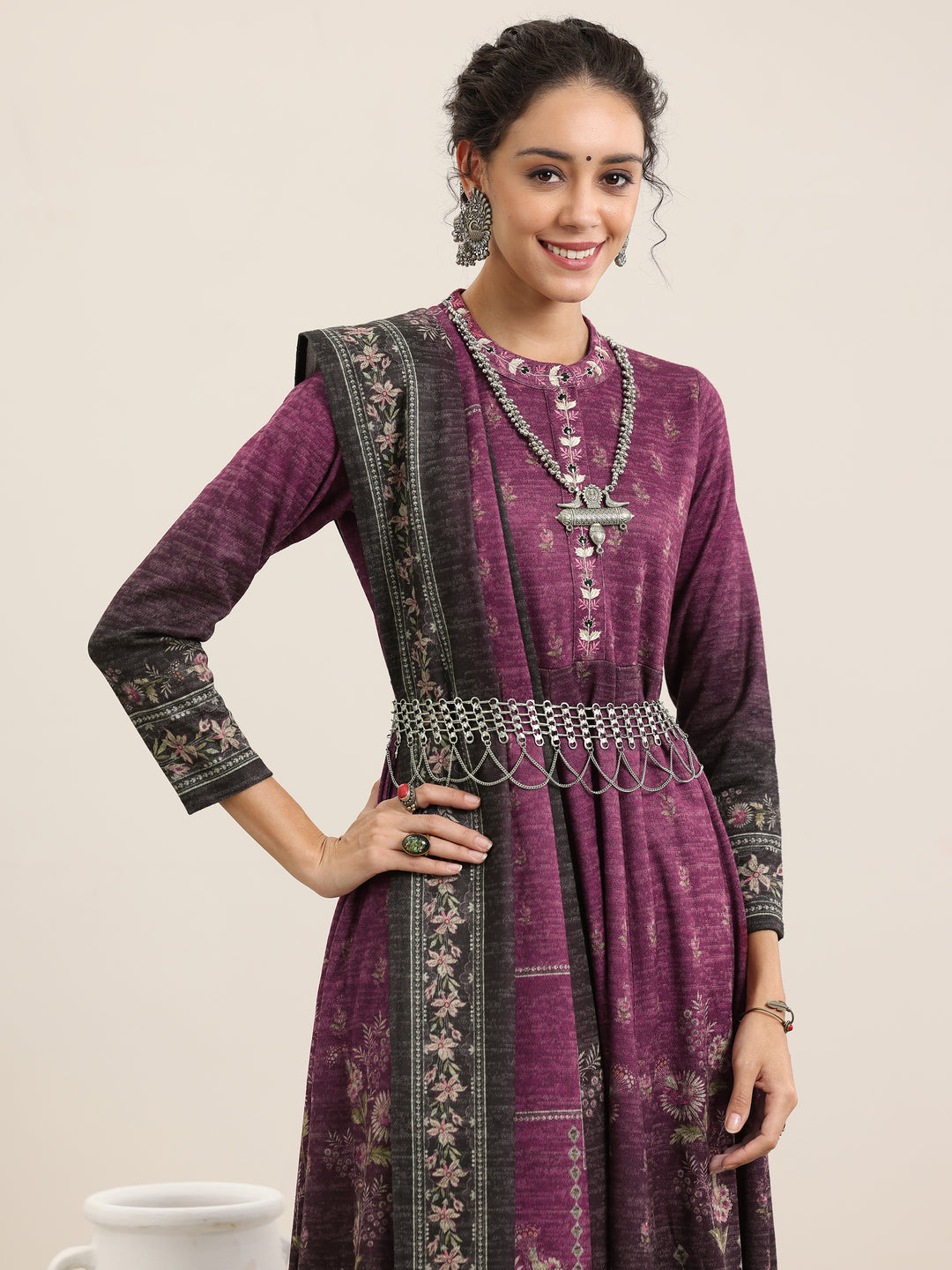 Wine Printed Wool Blend Anarkali Suit With Dupatta