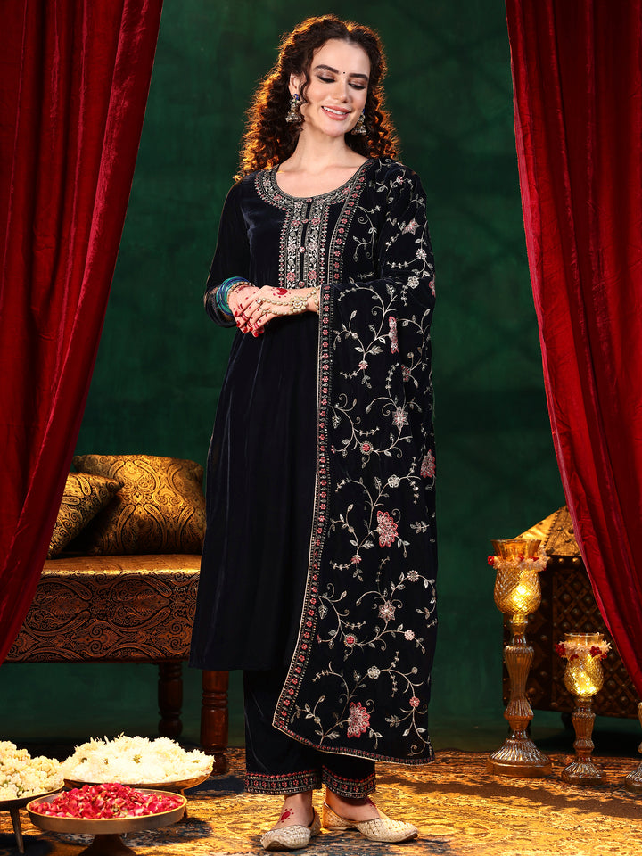 Blue Yoke Design Velvet Straight Suit With Dupatta